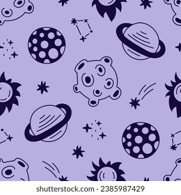 Space seamless pattern with stars and planets in doodle style. Colorful cartoon repeat vector illustration with cosmic elements, asteroid, meteor, Saturn, sun. Childish design for fabric, textile