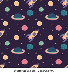 Space seamless pattern. Stars, planets and rocket