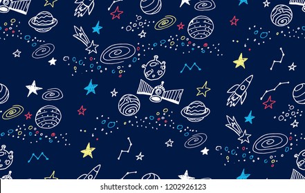 Space seamless pattern. Texture for web, print, wallpaper, fashion, textile design, fabric. Vector illustration. Space background