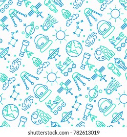 Space seamless pattern with thin line icons: rocket, Earth, lunar rover, space station, telescope, alien, meteorite. Modern vector illustration.