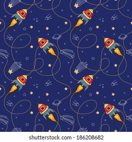 Space seamless pattern with toy spaceship, planets and stars