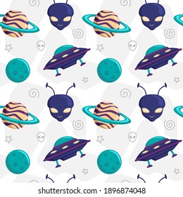 Space Seamless Pattern with Ufo, Alien, Moon, and Saturn Planet. You can use this design to create poster, tshirt, pillow, tote bag, pouch, phone case, etc.