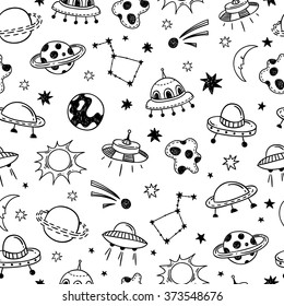 Space seamless pattern. UFO vector background with space ships, planets and stars