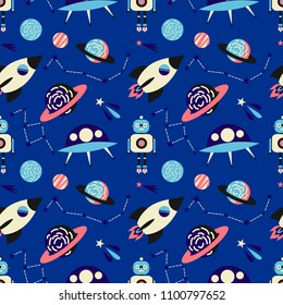 Space seamless pattern vector background. Spaceship, planets, rocket, saturn, star, ufo and comet trendy  kid pattern design. Childish vector  background.
