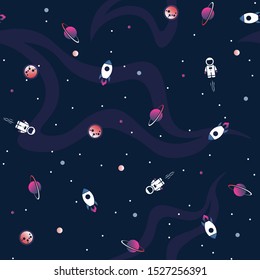 Space seamless pattern vector background. Cute design template with Astronaut, Rocket, Moon, Planets and Stars