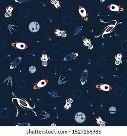 Space seamless pattern vector background. Cute design template with Astronaut, Spaceship, Rocket, Moon, Black Hole and Stars