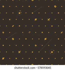 Space seamless pattern. Vector backgrounds with cosmic objects, stars, planets and rockets in black and gold color.  Dark night sky.