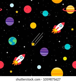 Space seamless pattern vector illustration. Flat  design of Planets with spaceship on starry night sky.