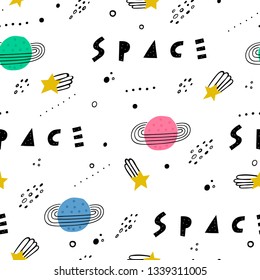 Space seamless pattern. Vector illustration for children. Trendy kids vector background.