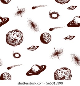 Space seamless pattern vector illustration. Cartoon galaxy with comets, asteroids, stars, planets and ufo on white background