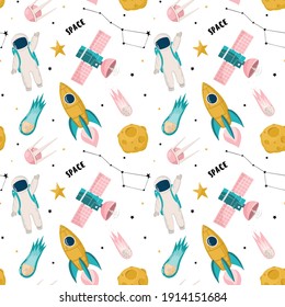 Space seamless pattern. Vector kids illustration. Background with astronaut,planet, meteorites, satellite, rocket, spaceship, stars, constellation. For banners, posters, kids wallpaper, wrapping paper