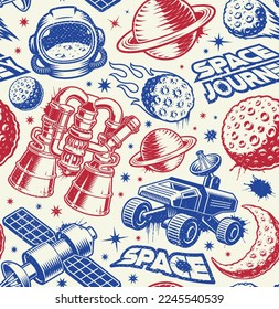 Space seamless pattern in vintage style with design elements such as space rover, astronaut helmet, satellite, moon, rocket engine