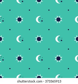 Space seamless pattern with young moon, stars, sun and dots on night sky in vector. Cosmos, galaxy vector illustration. Deep night astrology background with eclipse and dots. Cartoon icons.