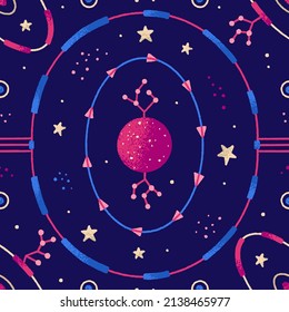 Space seamless patterns of planet, stars, other celestial bodies. Vector illustration on theme of astrology, astronomy, esotericism. Cosmic background. Wallpaper, wrapping paper, textile