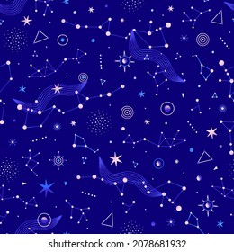 Space seamless patterns of planets, stars, other celestial bodies. Vector illustration on theme of astrology, astronomy. Cosmic background. Night sky. Wallpaper, wrapping paper, textile