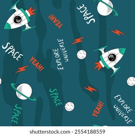Space seamless repeat pattern design Hand drawn Vector illustartion