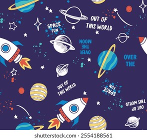 Space seamless repeat pattern design Hand drawn Vector illustartion