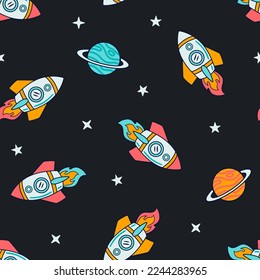 Space Seamless Repeat Pattern. Hand Drawn Galaxy, Rockets and Planets, Spaceship Seamless Vector Patter.