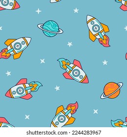 Space Seamless Repeat Pattern. Hand Drawn Galaxy, Rockets and Planets, Spaceship Seamless Vector Patter.