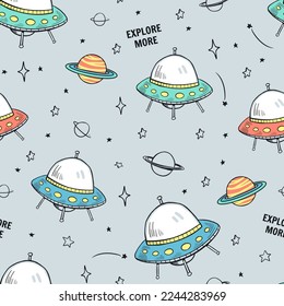 Space Seamless Repeat Pattern. Hand Drawn Galaxy, Rockets and Planets, Spaceship Seamless Vector Patter.