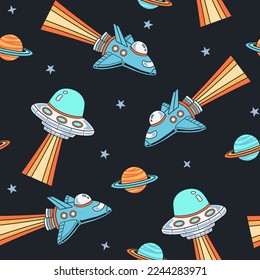 Space Seamless Repeat Pattern. Hand Drawn Galaxy, Rockets and Planets, Spaceship Seamless Vector Patter.