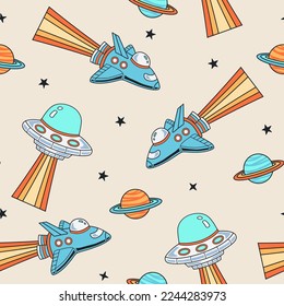 Space Seamless Repeat Pattern. Hand Drawn Galaxy, Rockets and Planets, Spaceship Seamless Vector Patter.