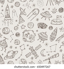 Weltraum nahtlos mit Raumrakete, Satellit, Planet, Asteroid, Raumschiff, Stern, Teleskop, Sternbild, Komet. handgezeichnete Vektordoodgrafik