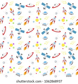 Space seamless texture pattern with rocket, ufo, lunar rover, satellites, stars, planet with ring and planetary system.