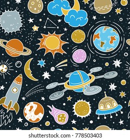 Space seamless vector pattern. Astronomy background with night stars, spaceships and planets