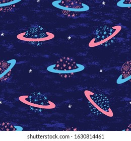 Space Seamless Vector Pattern with Doodle Saturn Planet and Stars. Cartoon Colorful Space Background with Abstract Fantastic Planets with Starry Pattern. Magical Wallpaper for Kids