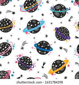 Space Seamless Vector Pattern with Doodle Saturn Planet and Stars. Cartoon Colorful Space Background with Abstract Fantasy Planets with Starry Pattern. Magic Wallpaper for Kids