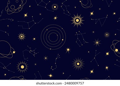 Space seamless vector pattern with gold sun, constellations, moons and stars on a blue background. Mystical, magic esoteric background for design of fabric, packaging, astrology, phone case, wrapping 