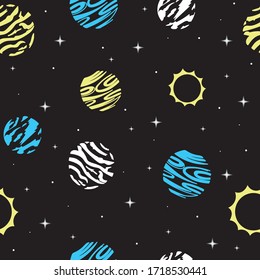 space seamless vector pattern on a dark background with yellow, blue and white planets and stars. for printing on fabric, for children