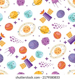 Space seamless vector pattern. Space planets stars spaceship aliens in the doodle style