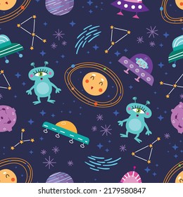 Space seamless vector pattern. Space planets stars spaceship aliens in the doodle style