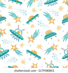 Space seamless vector pattern. Space planets stars spaceship aliens in the doodle style.