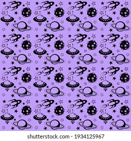 Space seamless vector pattern with rockets, flying saucers, asteroids, stars and saturn. Seamless with spaceships and planets. Black purple space