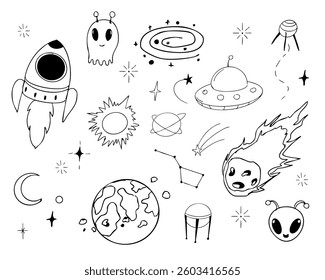 Space set with alien, meteor, planets and spaceship line sketch hand drawn illustration. Set cosmic doodle elements.