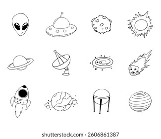 Space set with alien, meteor, planets and spaceship line sketch hand drawn illustration. Set cosmic doodle elements.