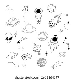 Space set with alien, meteor, planets and spaceship line sketch hand drawn illustration. Set cosmic doodle elements.