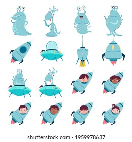 Space set with aliens, cosmonauts, rockets