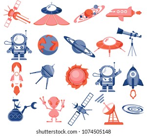 Space set, astronaut, alien, rockets, space planes, satellites, flying saucers, robot, planets, solar system, stars, rover, radar,sun, telescope. Modern vector flat image isolated on white background.
