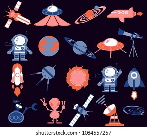 Space set, astronaut, alien, rockets, space planes, satellites, flying saucers, robot, planets, solar system, stars, rover, radar,sun, telescope. Modern vector flat image isolated on black background.