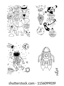 Space Set of Astronaut, Elephant and Turtle holding Earth, stars, planets, constellations. Striving for the stars and knowledge. Hand drawn design black sketch education vector illustration.