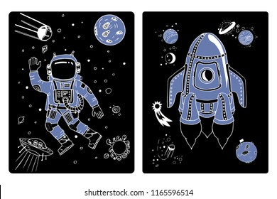 Space Set of Astronaut and rocket in space, stars, planets, constellations. Doodle space blackboard background. Hand drawn design black sketch education vector illustration. 
