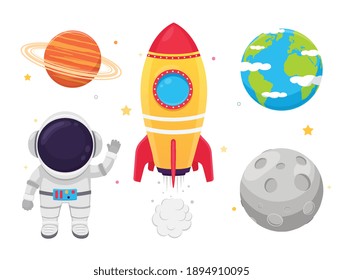 Space set astronaut in suit, rockets and planets on white background.