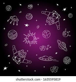 Space set, astronauts in open space, UFOs, planets and stars. Illustration in the sketch style. Vector image on a dark background.