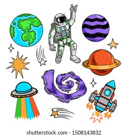 Space set bundle collection with earth planets stars spaceman astronaut ufo rocket galaxy meteorite Modern doodle cartoon illustration style for children kids print t shirt clothes sticker patch badge