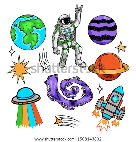 Space set bundle collection with earth planets stars spaceman astronaut ufo rocket galaxy meteorite Modern doodle cartoon illustration style for children kids print t shirt clothes sticker patch badge