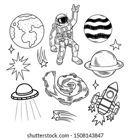 Space set bundle collection engraving with earth planets stars spaceman astronaut ufo rocket galaxy meteorite Modern doodle cartoon illustration for kids print t shirt clothes sticker patch badge